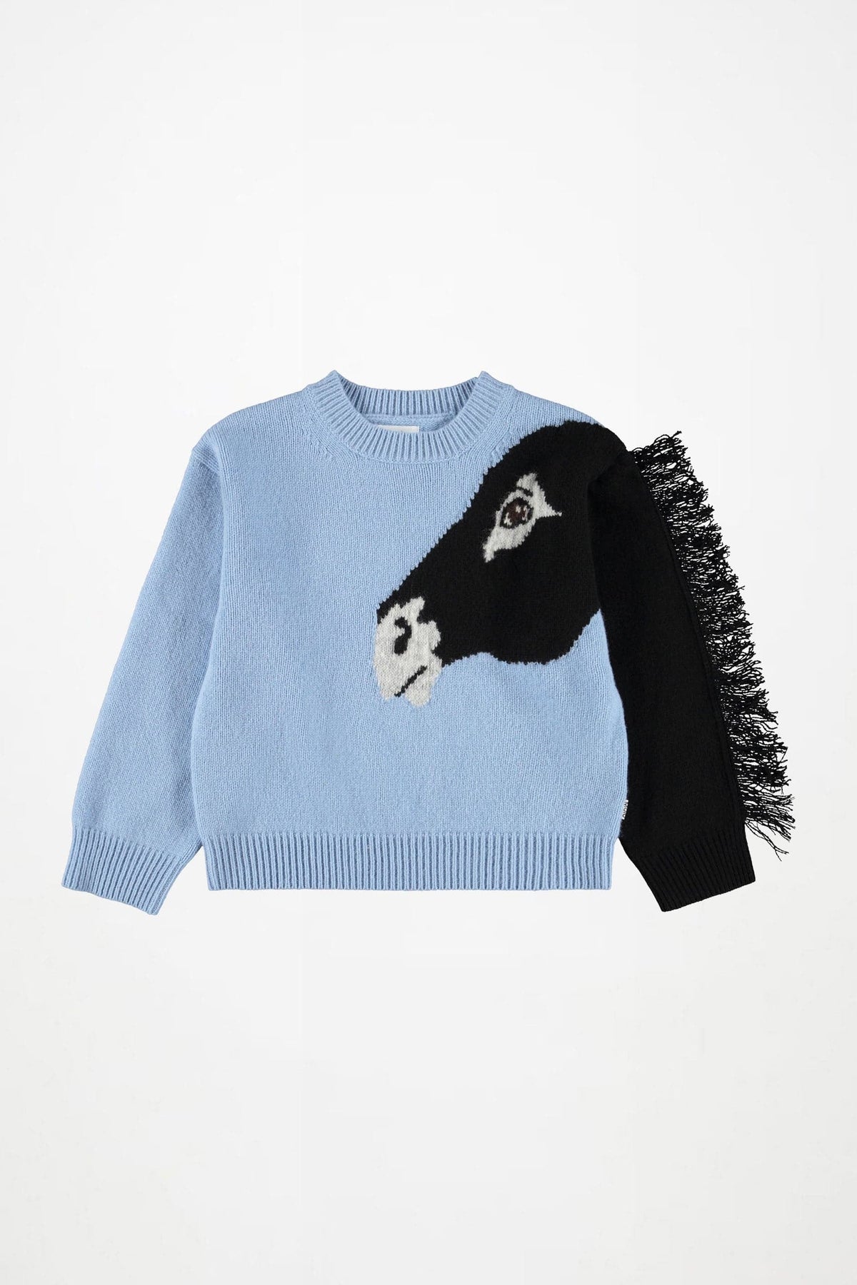 Light blue sweatshirt with long sleeves; black fuzzy sleeve accent and penguin face graphic