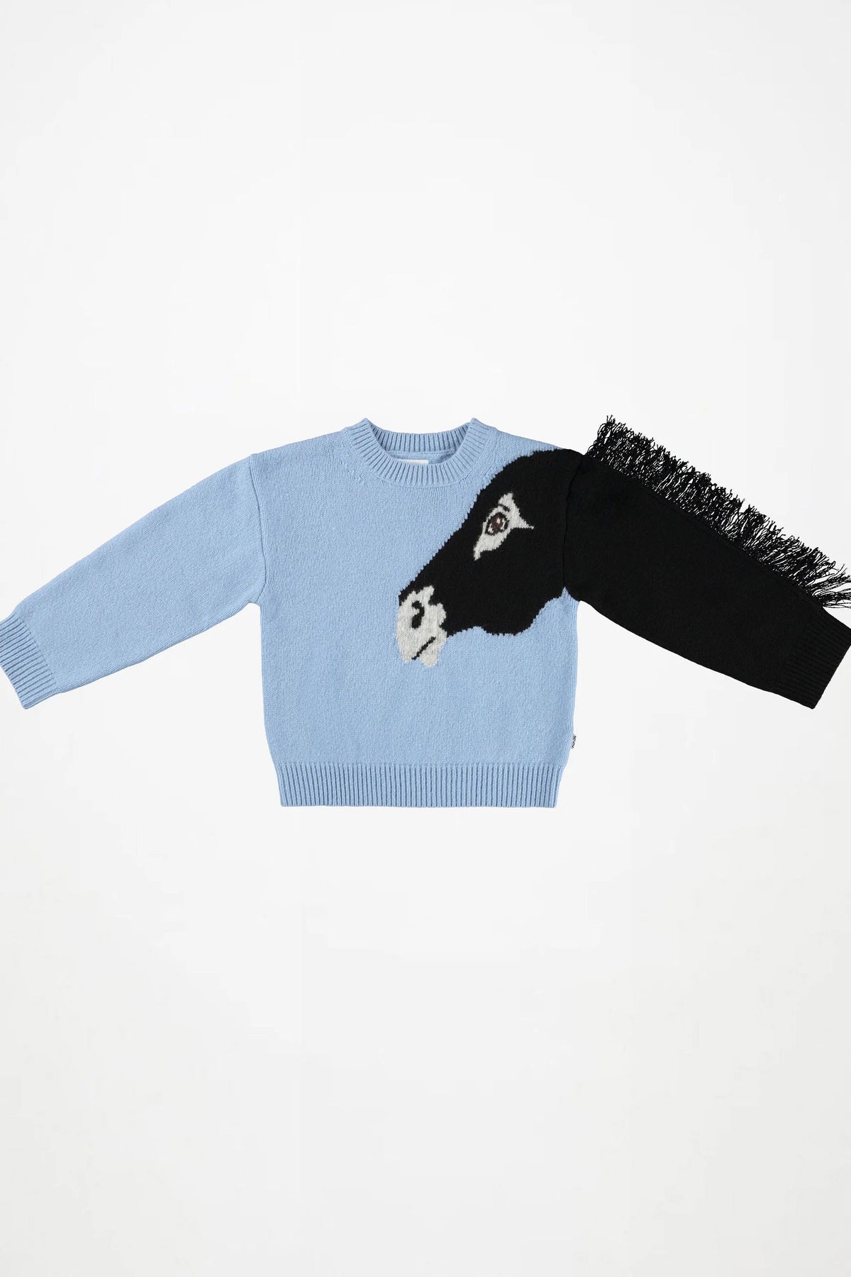 Light blue crewneck sweatshirt with black fuzzy sleeve accent and penguin knit graphic