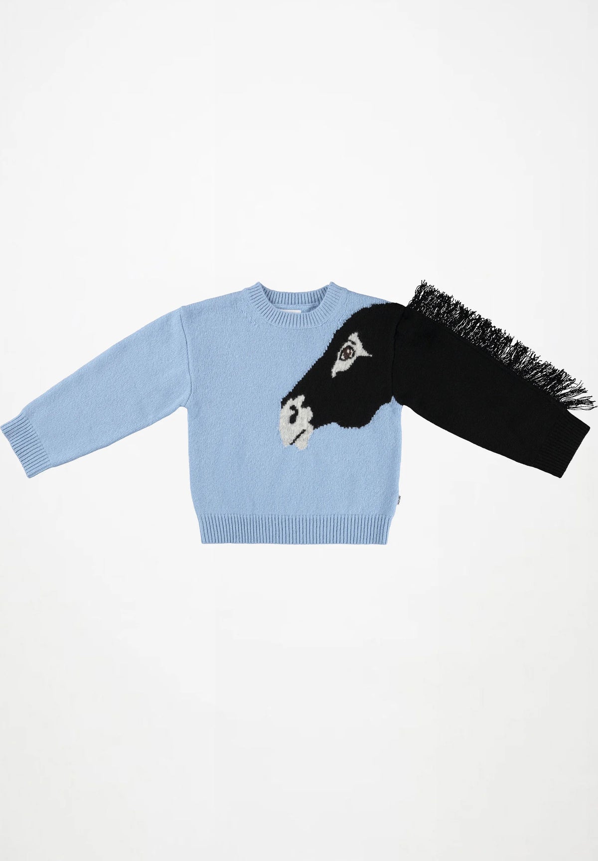 Light blue sweatshirt with animal face graphic; black fuzzy sleeve on one side