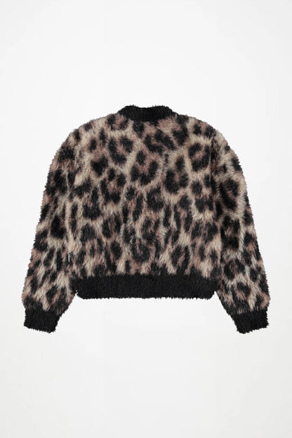 Leopard-print brushed cardigan with black ribbed hem and long sleeves