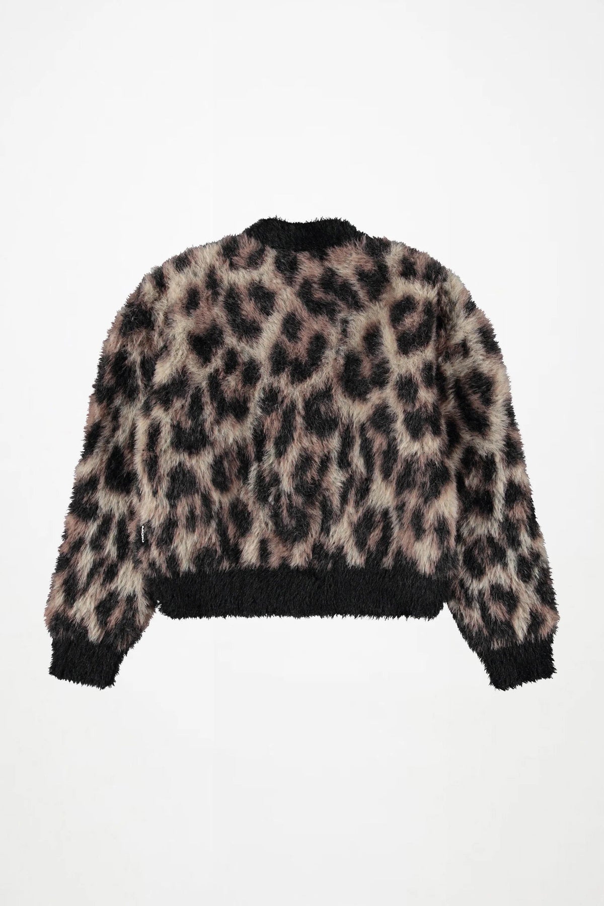 Leopard-print fuzzy cardigan with black bottom band and long sleeves