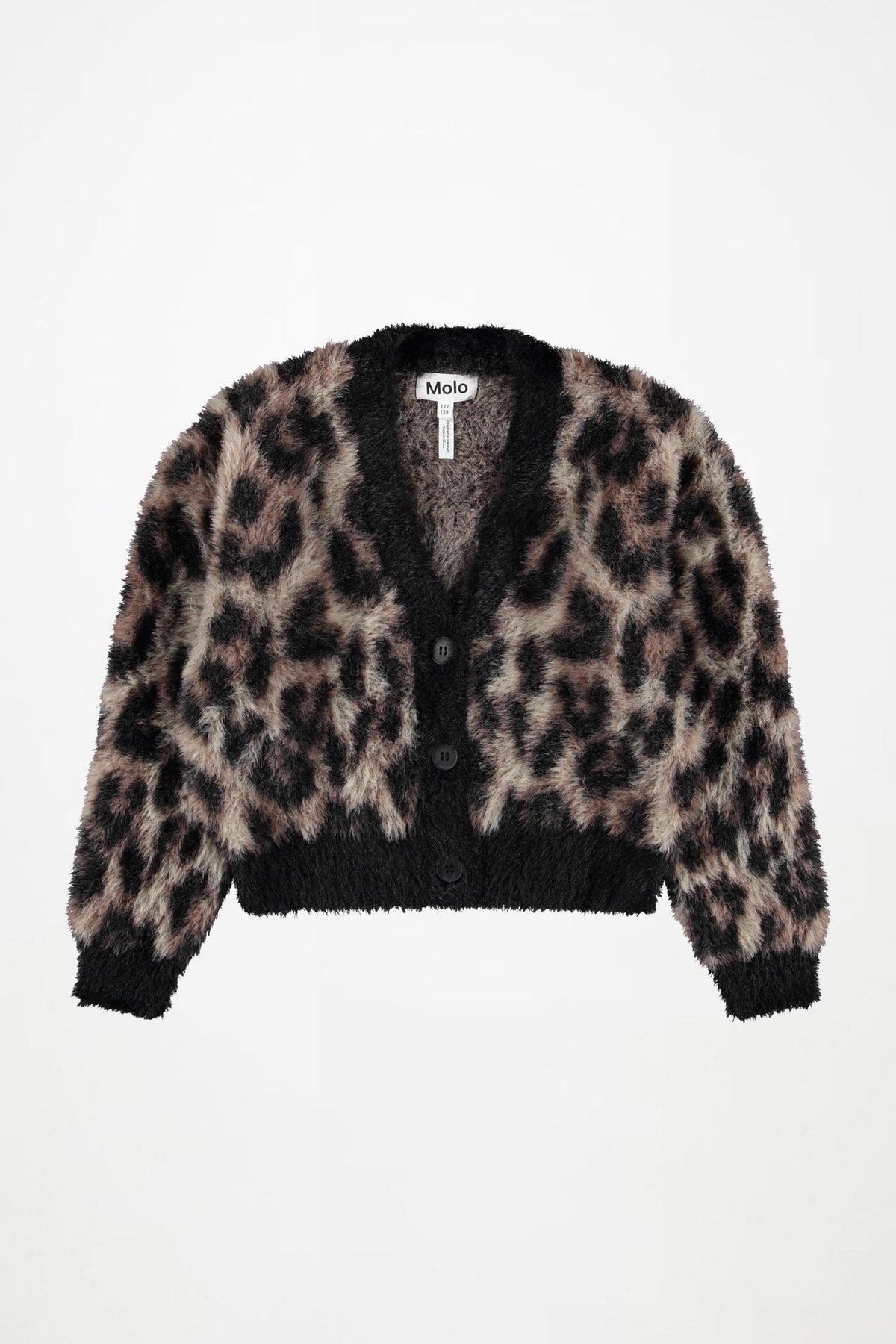 Leopard-print cardigan with black button front and ribbed cuffs and hem