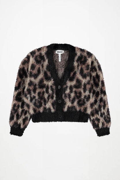 Leopard-print cardigan with black button front and ribbed cuffs and hem