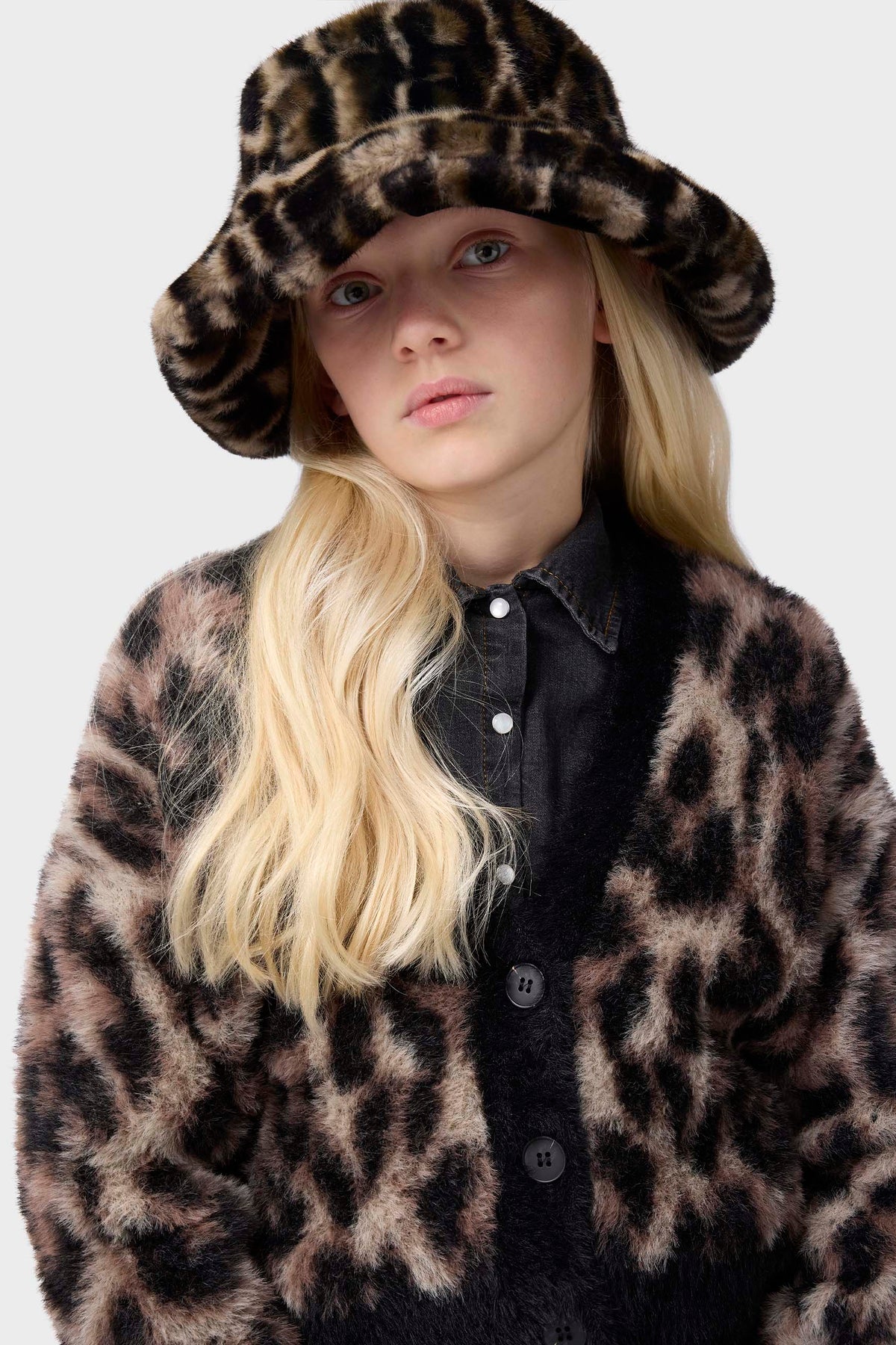 Fuzzy leopard-print cardigan with black collar and button placket, close-up