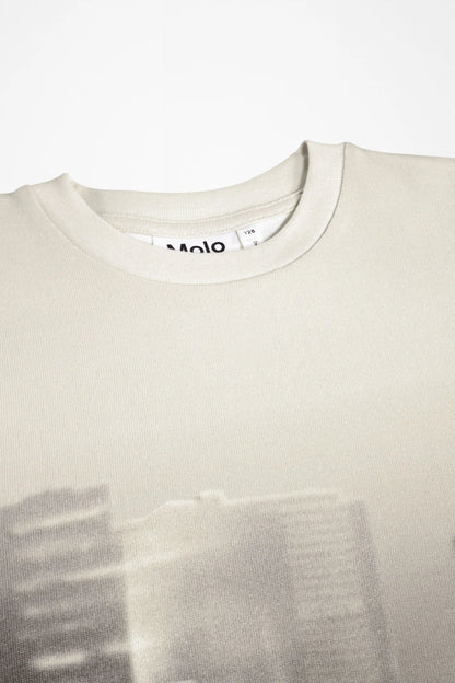 Close-up of a light beige crewneck sweatshirt with a faint, low-contrast graphic print across the lower half and a visible 'Molo' brand tag inside the collar.