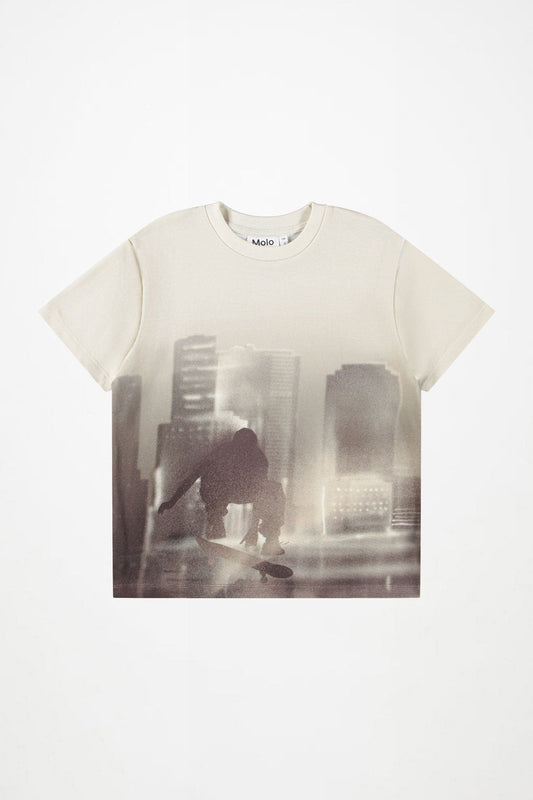 Kids' cream T-shirt with gray city skyline graphic print