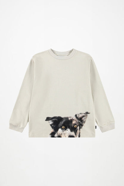 Light cream long-sleeve kids shirt with dog face graphic