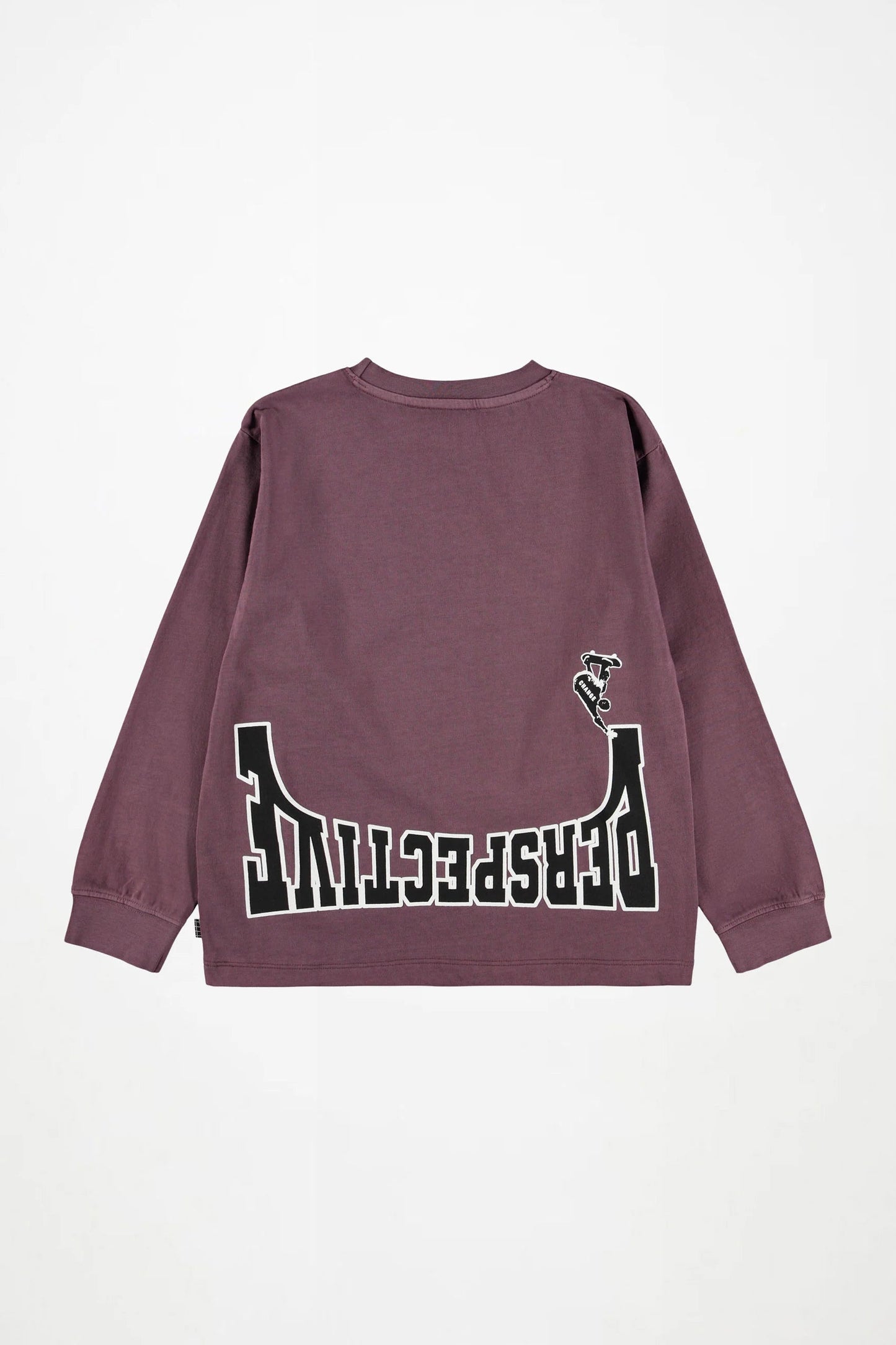 Kids long-sleeve crewneck shirt in dark plum with large front graphic print