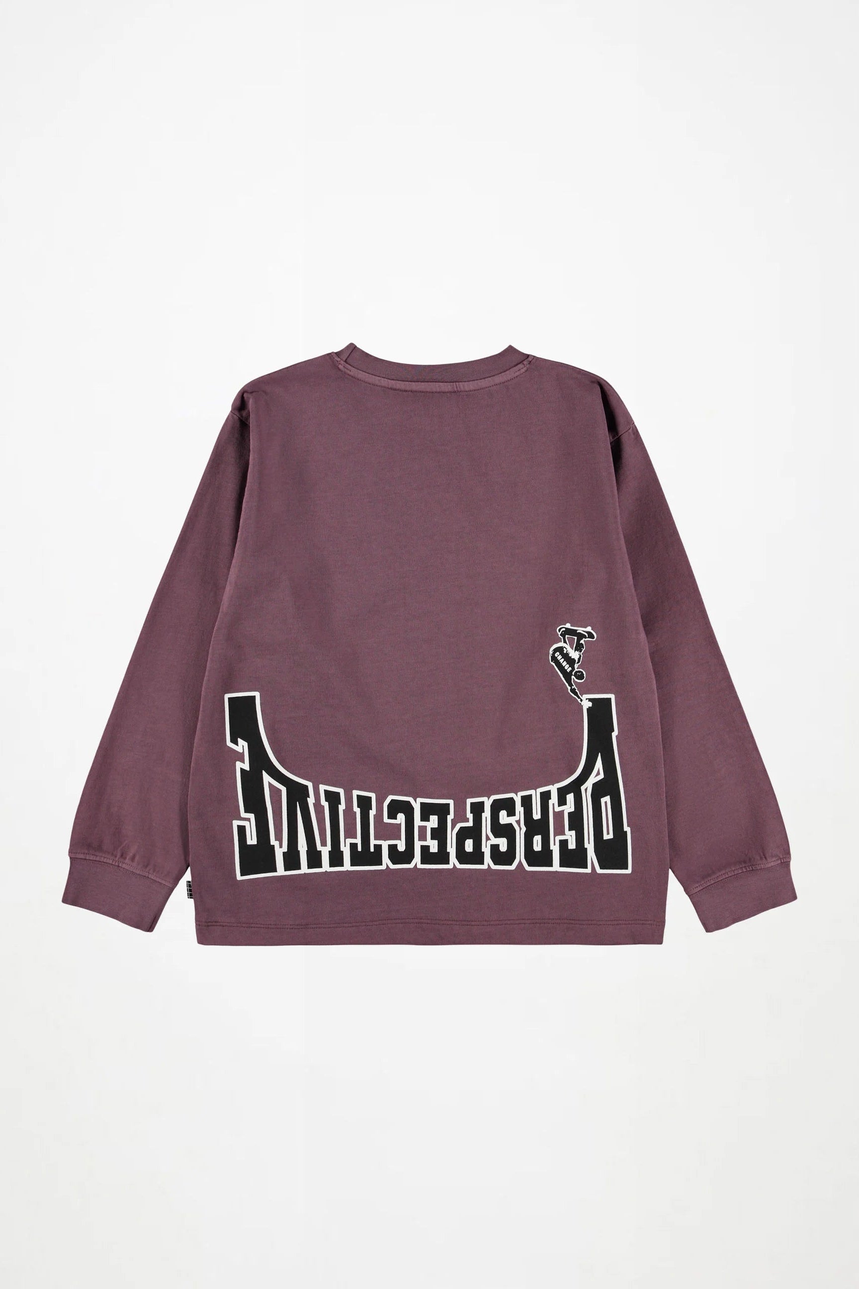 Kids long-sleeve crewneck shirt in dark plum with large front graphic print