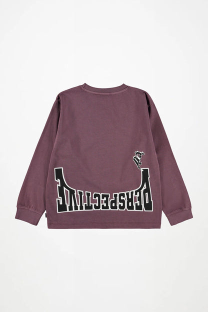 Kids long-sleeve crewneck shirt in dark plum with large front graphic print