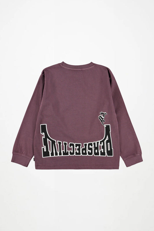 Kids long-sleeve crewneck shirt in dark plum with large front graphic print