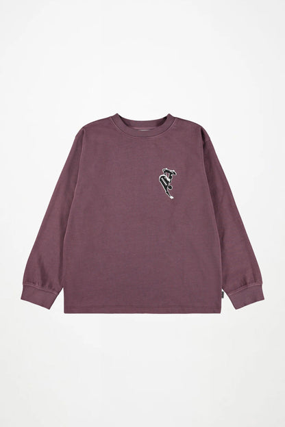 Dark plum kids long-sleeve crewneck shirt with small chest graphic