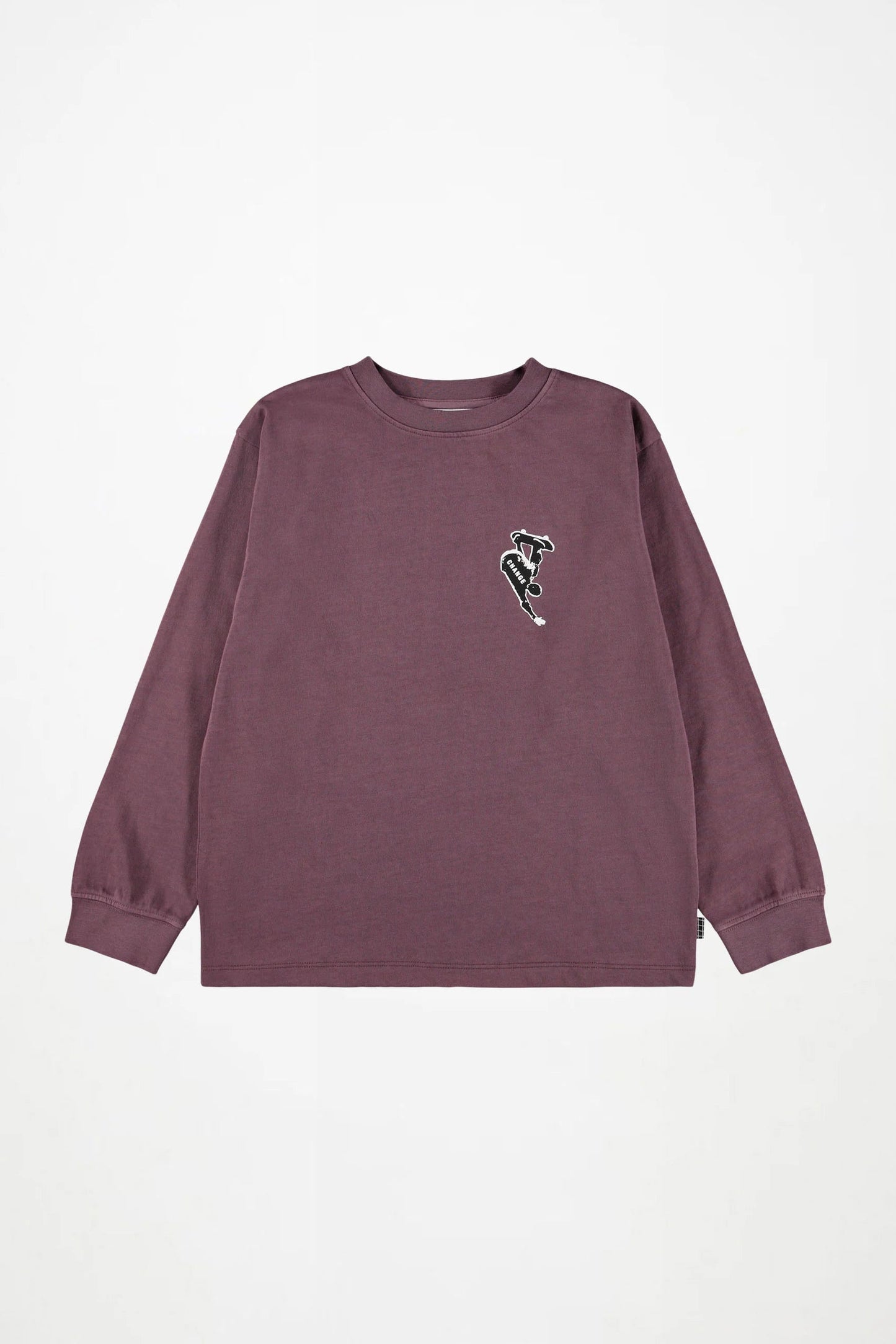 Kids long-sleeve crewneck shirt in dark berry purple with small chest graphic