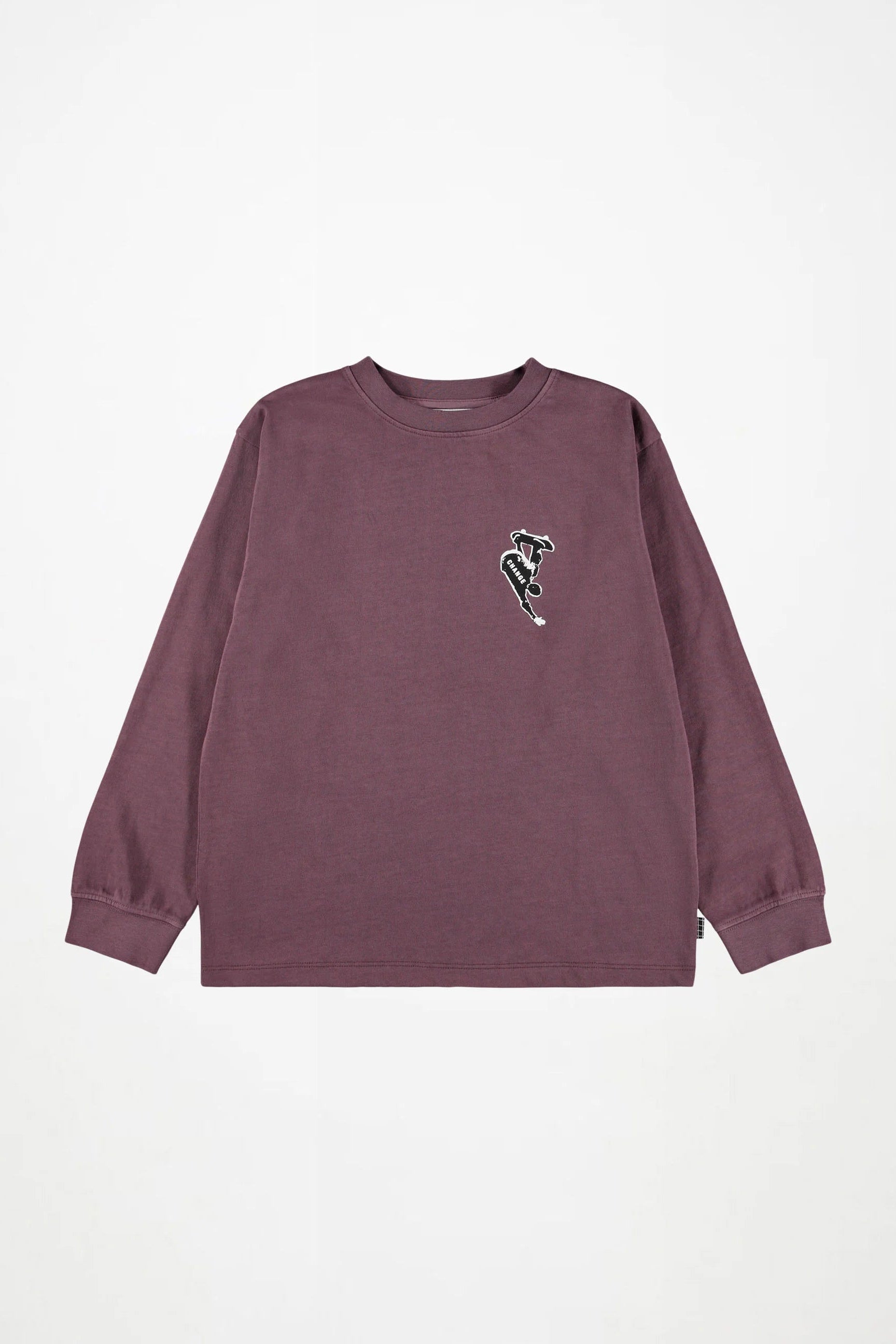 Kids long-sleeve crewneck shirt in dark berry purple with small chest graphic