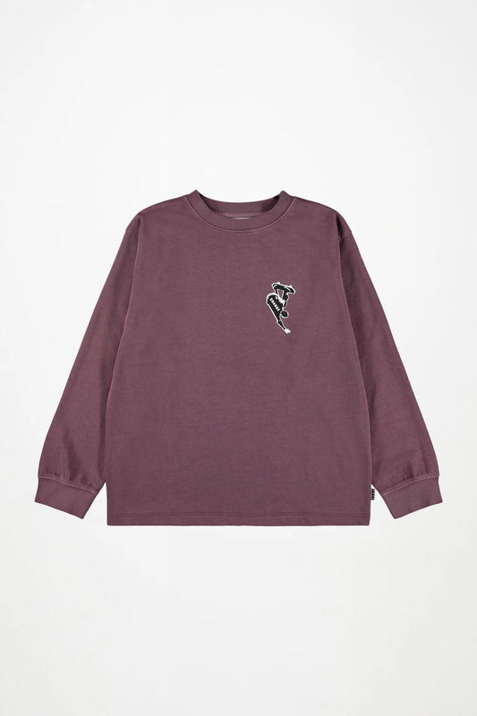 Kids long-sleeve crewneck shirt in dark berry purple with small chest graphic
