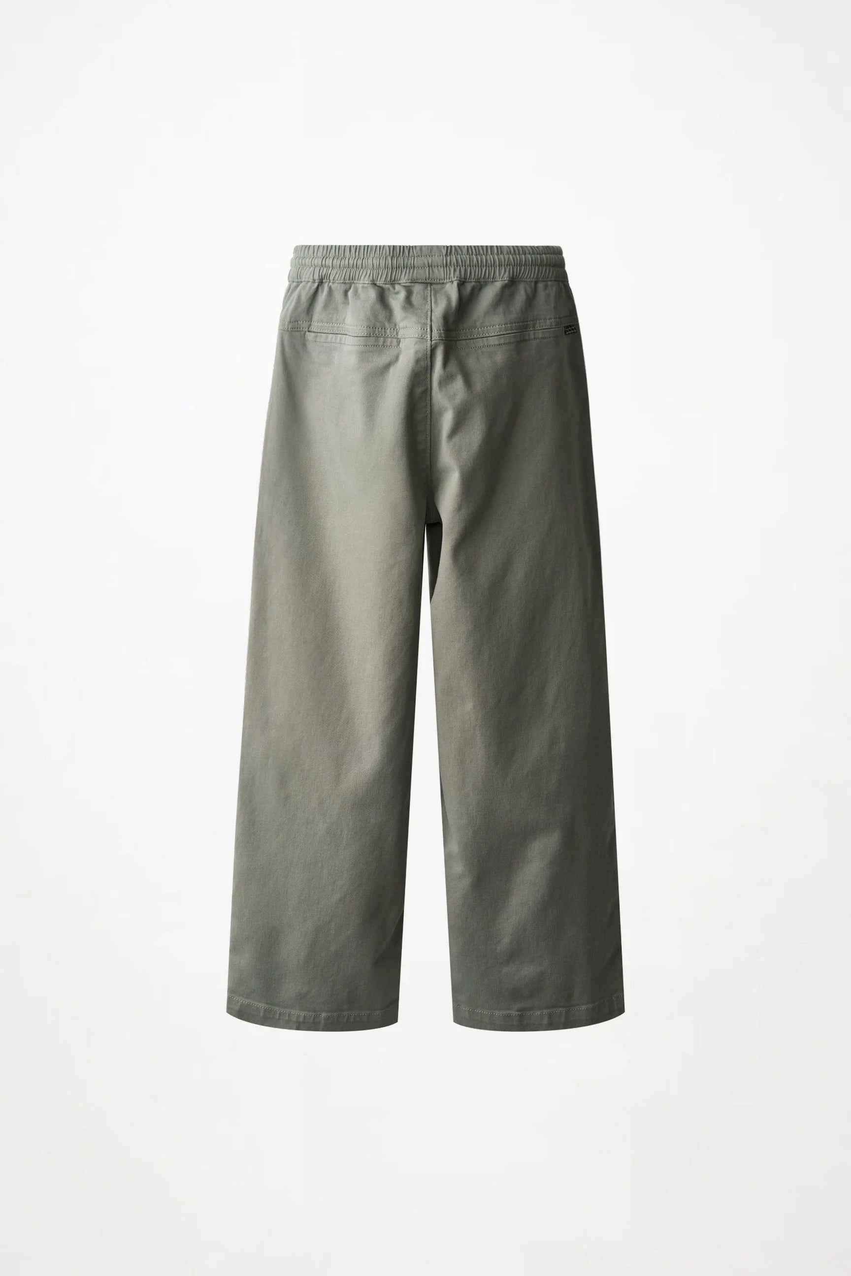A pair of wide-leg cropped pants in a muted sage green color, shown from the back against a plain white background.