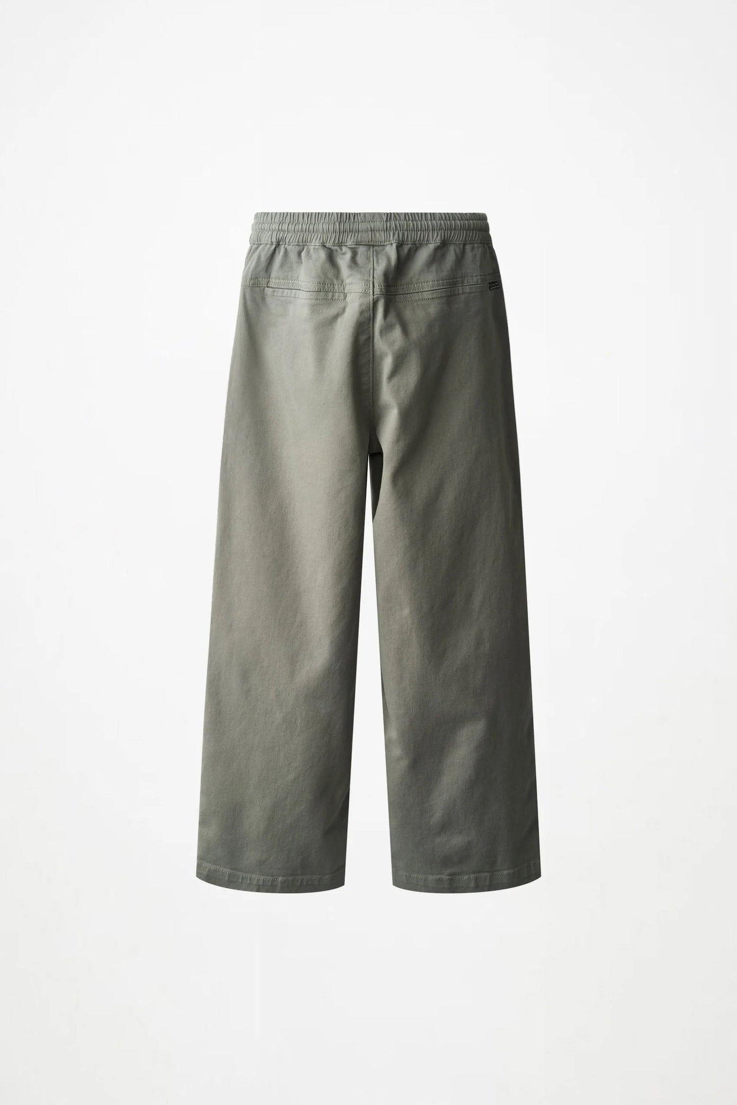 A pair of wide-leg cropped pants in a muted sage green color, shown from the back against a plain white background.