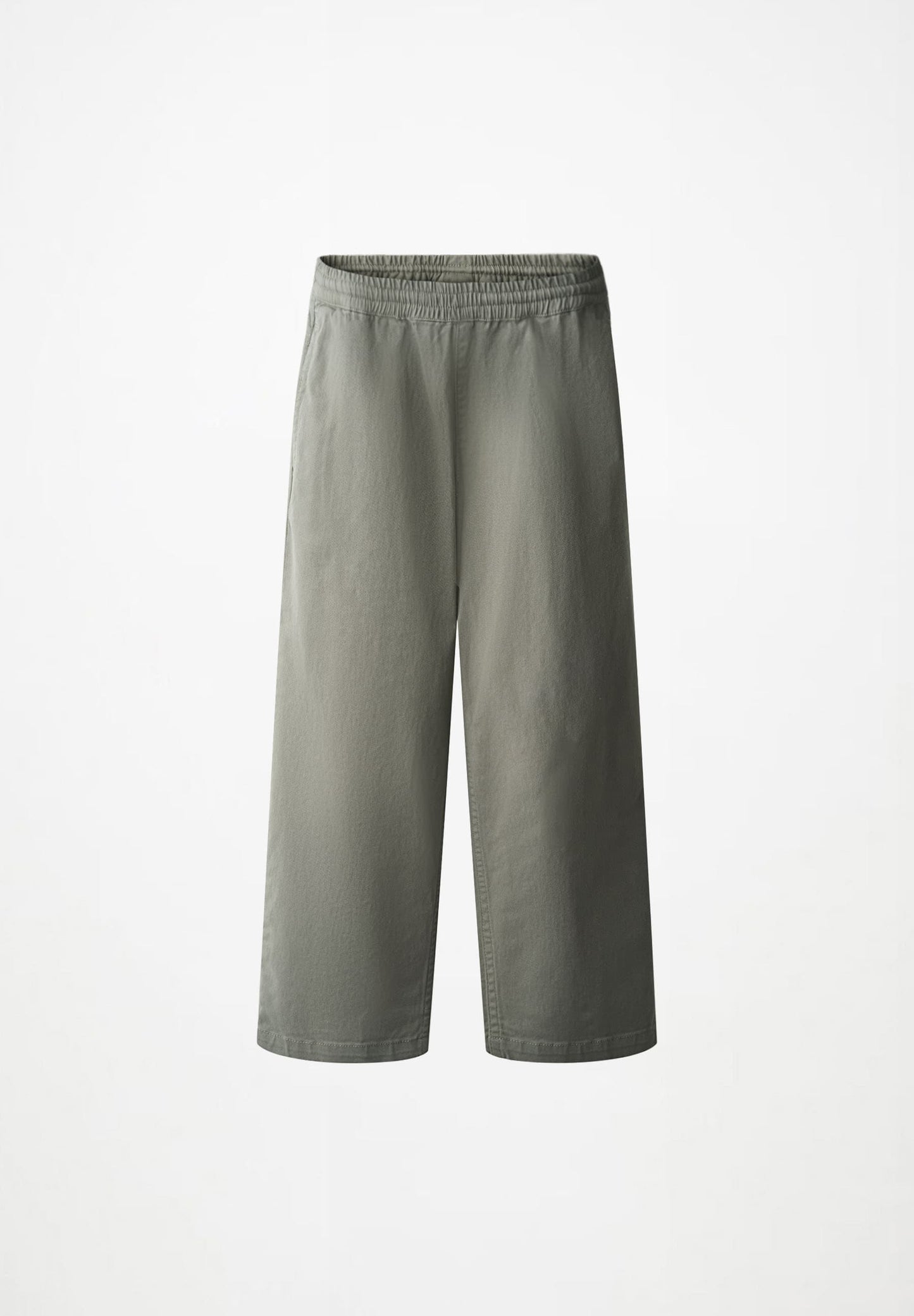 A pair of wide-leg cropped pants in a muted sage green color, shown flat against a plain white background.