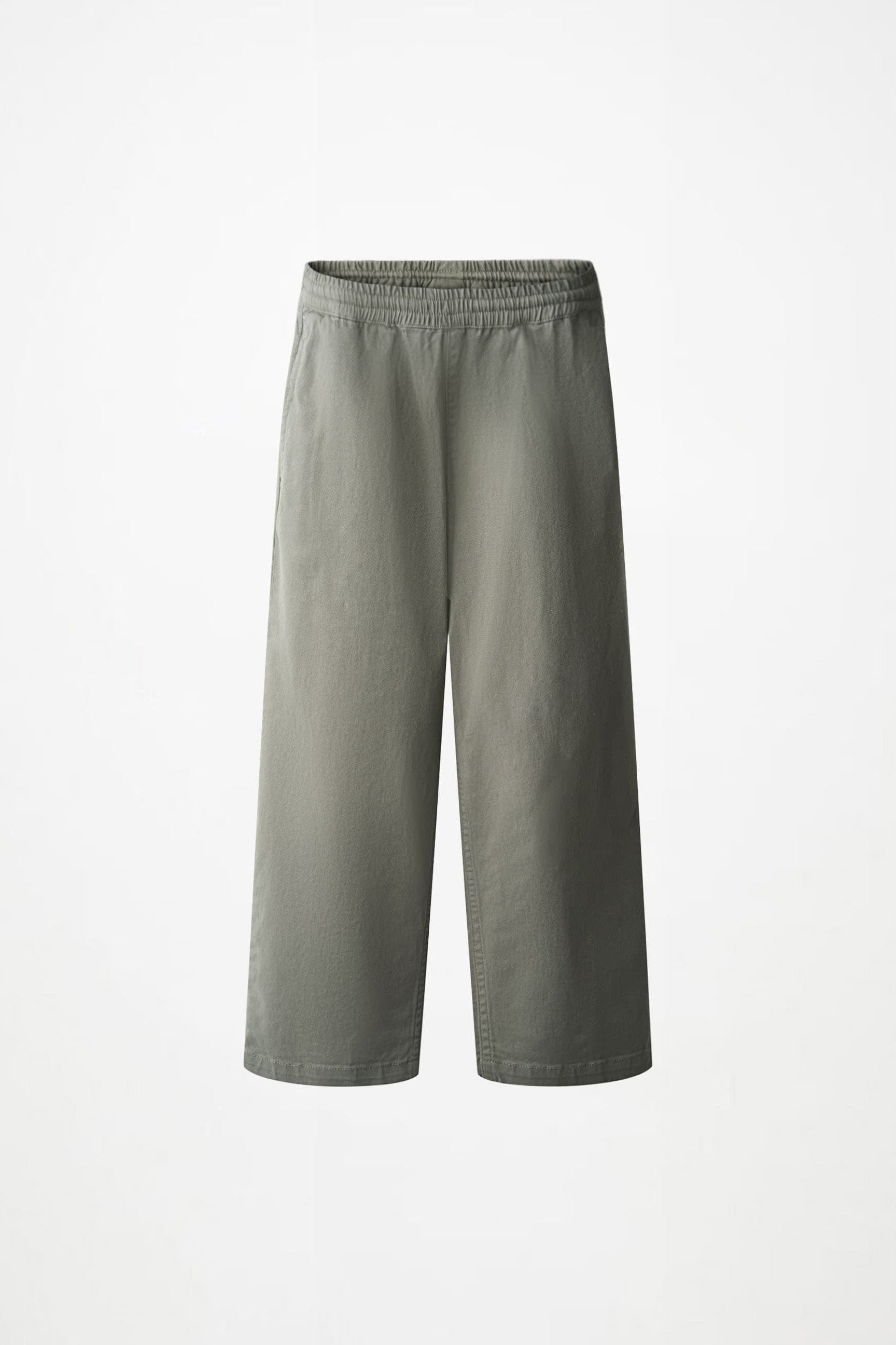 A pair of wide-leg cropped pants in a muted sage green color, shown flat against a plain white background.