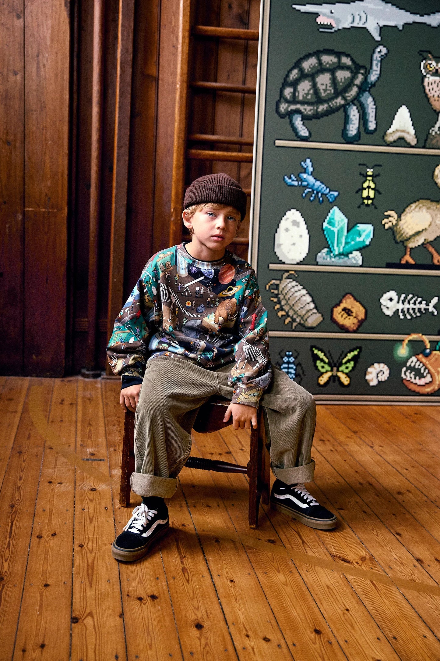Washed bark Aster pants worn by child, relaxed wide-leg fit with elastic waist