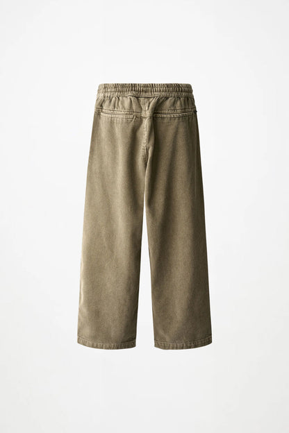 Aster pants in washed bark, wide-leg denim with elastic waistband and drawstring