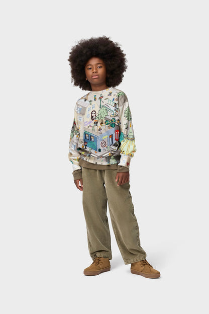 Washed bark Aster pants on model, wide legs with elastic waist