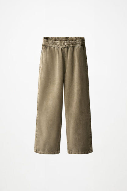 Aster pants in washed bark, wide-leg denim with elastic waistband