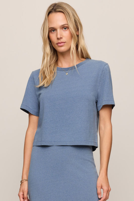 Indigo blue denim jersey T-shirt with crew neck and short sleeves, relaxed fit