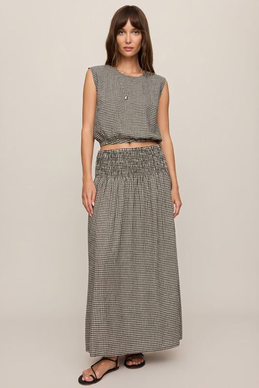 Black-and-white gingham maxi skirt with elastic waistband, gathered full skirt