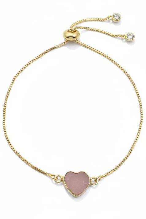 Semi precious pull chain bracelet with pink stone heart