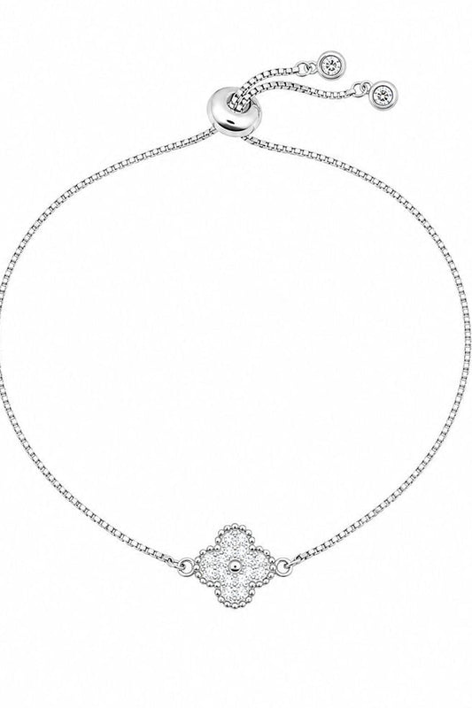 Silver-tone bracelet with CZ clover charm and beaded link chain