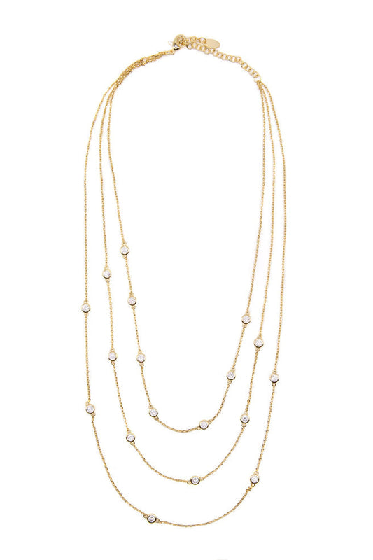 Gold triple-layer bezel necklace with long chains and round stone settings