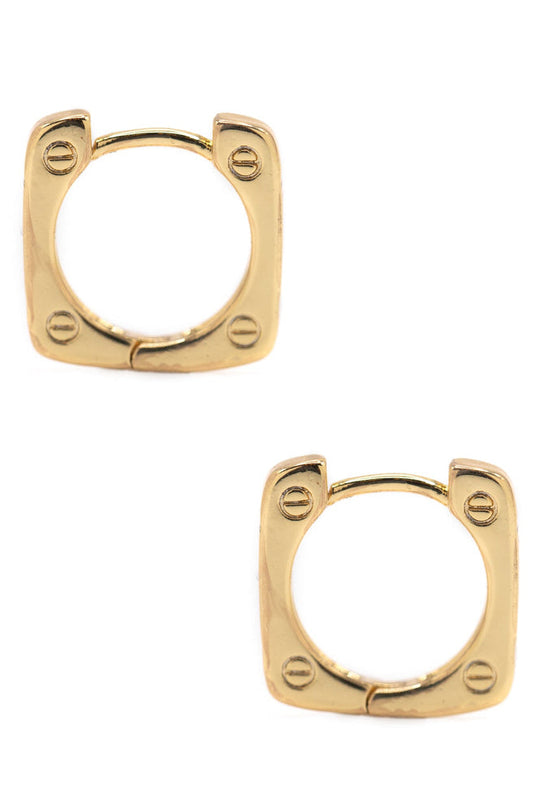 Gold square hoop earrings with small engraved circle details