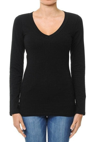 A woman wearing a black long-sleeve V-neck knit top with blue jeans, shown from the neck down against a plain white background.