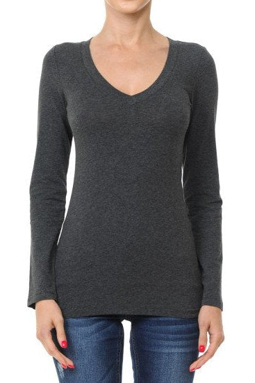 A woman wearing a dark charcoal gray long-sleeve V-neck knit top and blue jeans, shown from the neck down against a plain white background.
