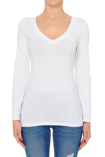 A woman wearing a white long-sleeve V-neck knit top and blue jeans, shown from the chin down against a plain white background.