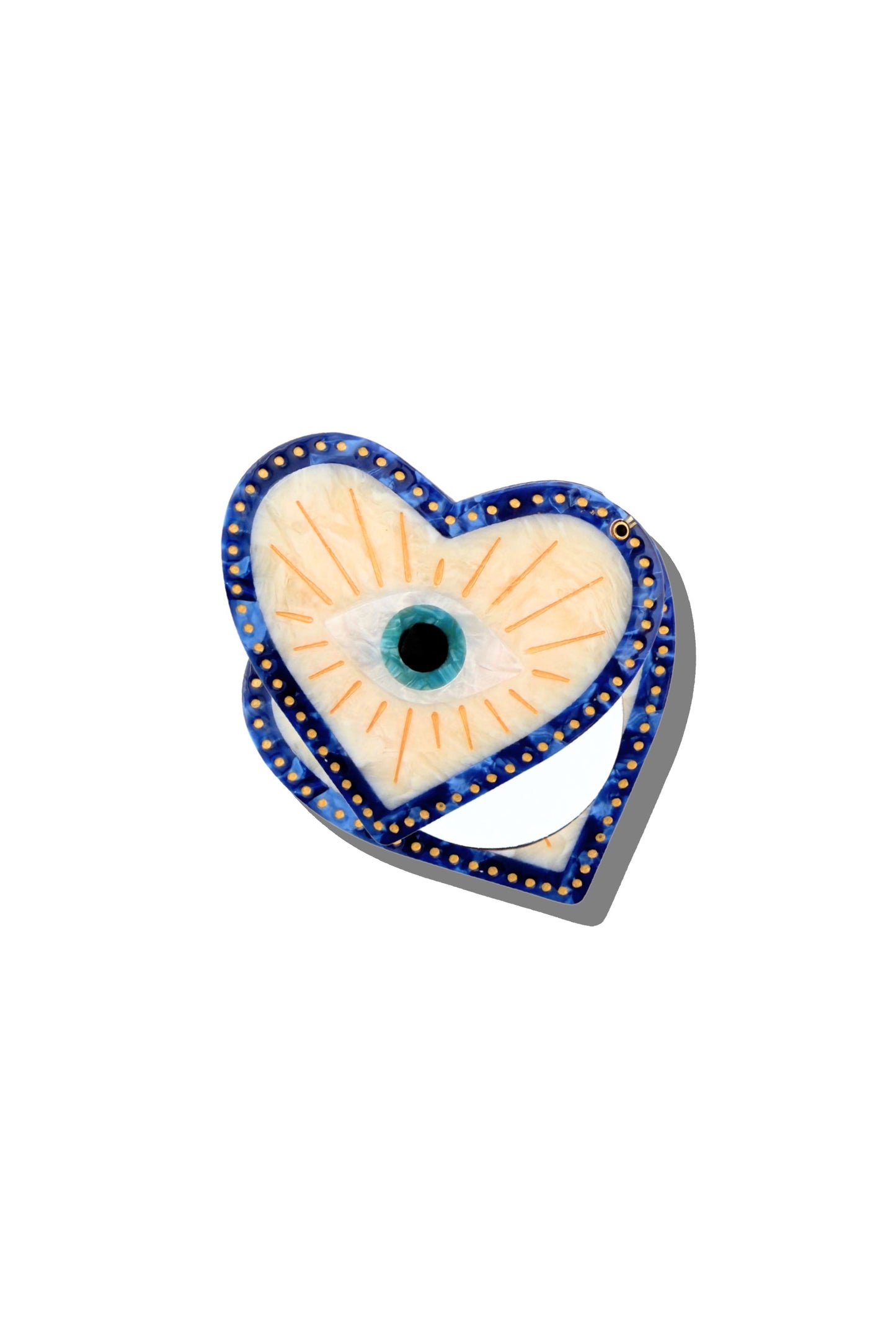 Hand-painted compact mirror with blue heart and turquoise lucky eye design