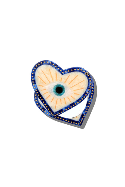 Hand-painted compact mirror with blue heart and turquoise lucky eye design
