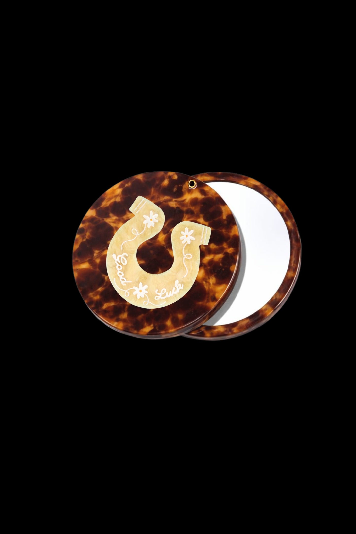 Hand-painted compact mirror with tortoiseshell lid and gold horseshoe motif