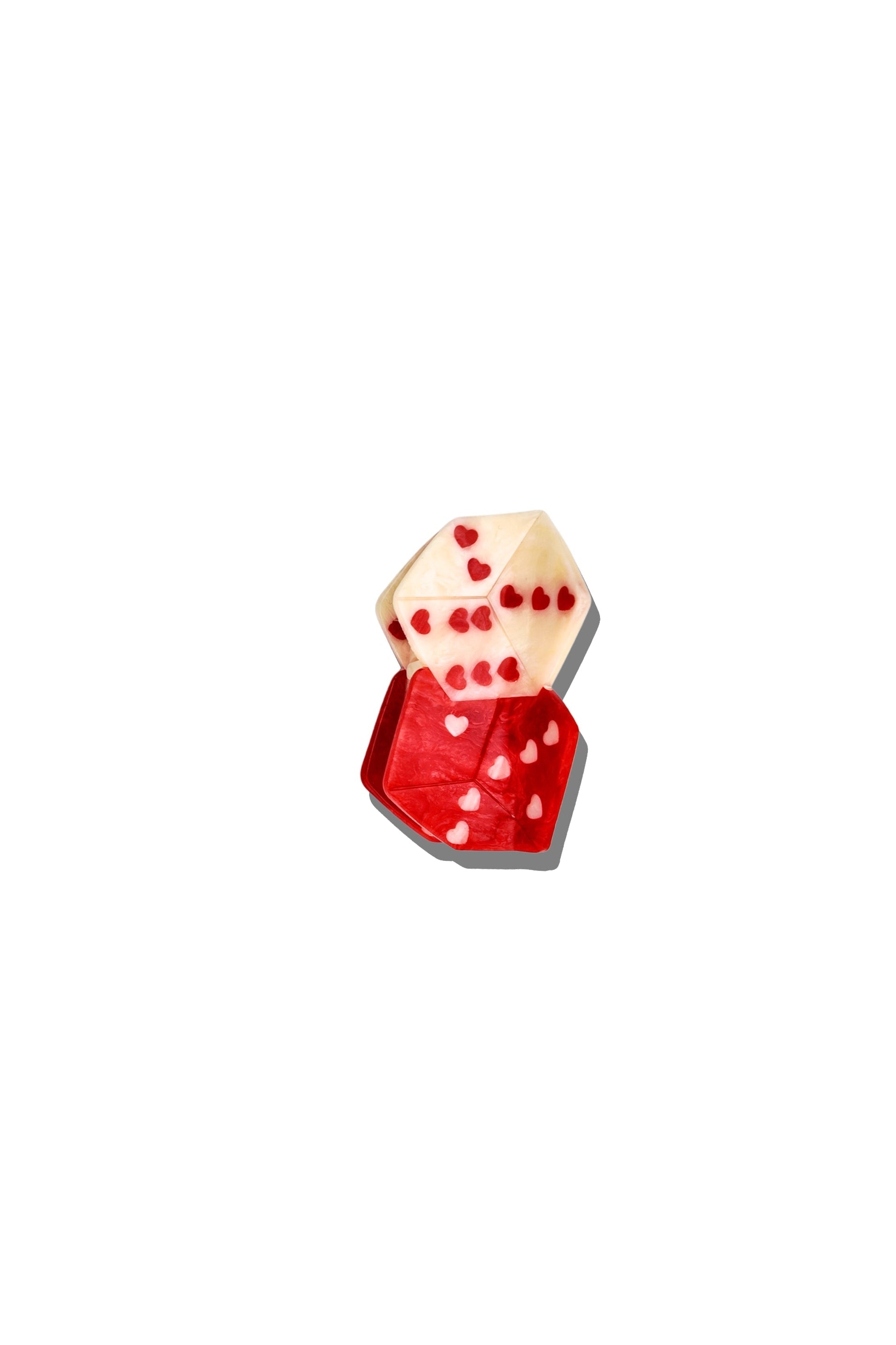 Red & White Heart Dice hair clip on a white background 