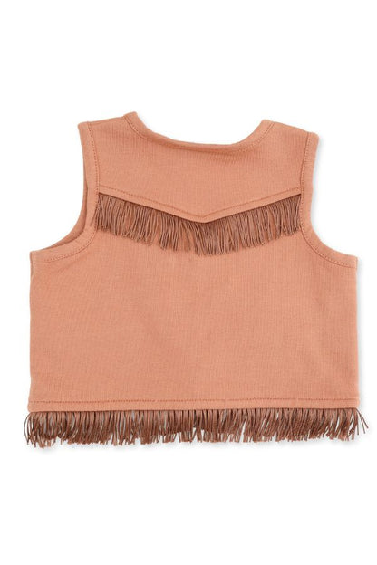 A sleeveless knit top in a solid mocha mousse color, featuring a V-shaped neckline with fringe trim and a matching fringe hem, shown against a plain white background.