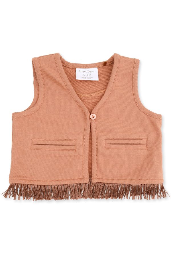 A sleeveless knit vest in a solid mocha mousse color, featuring a single button closure, two front welt pockets, and a fringed hem, shown flat on a white background.