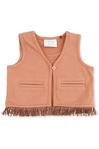 A sleeveless knit vest in a solid mocha mousse color, featuring a single button closure, two front welt pockets, and a fringed hem, shown flat on a white background.