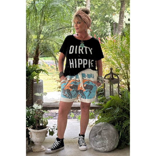 Printed denim-look shorts with drawstring waistband, light base and blue orange graphic