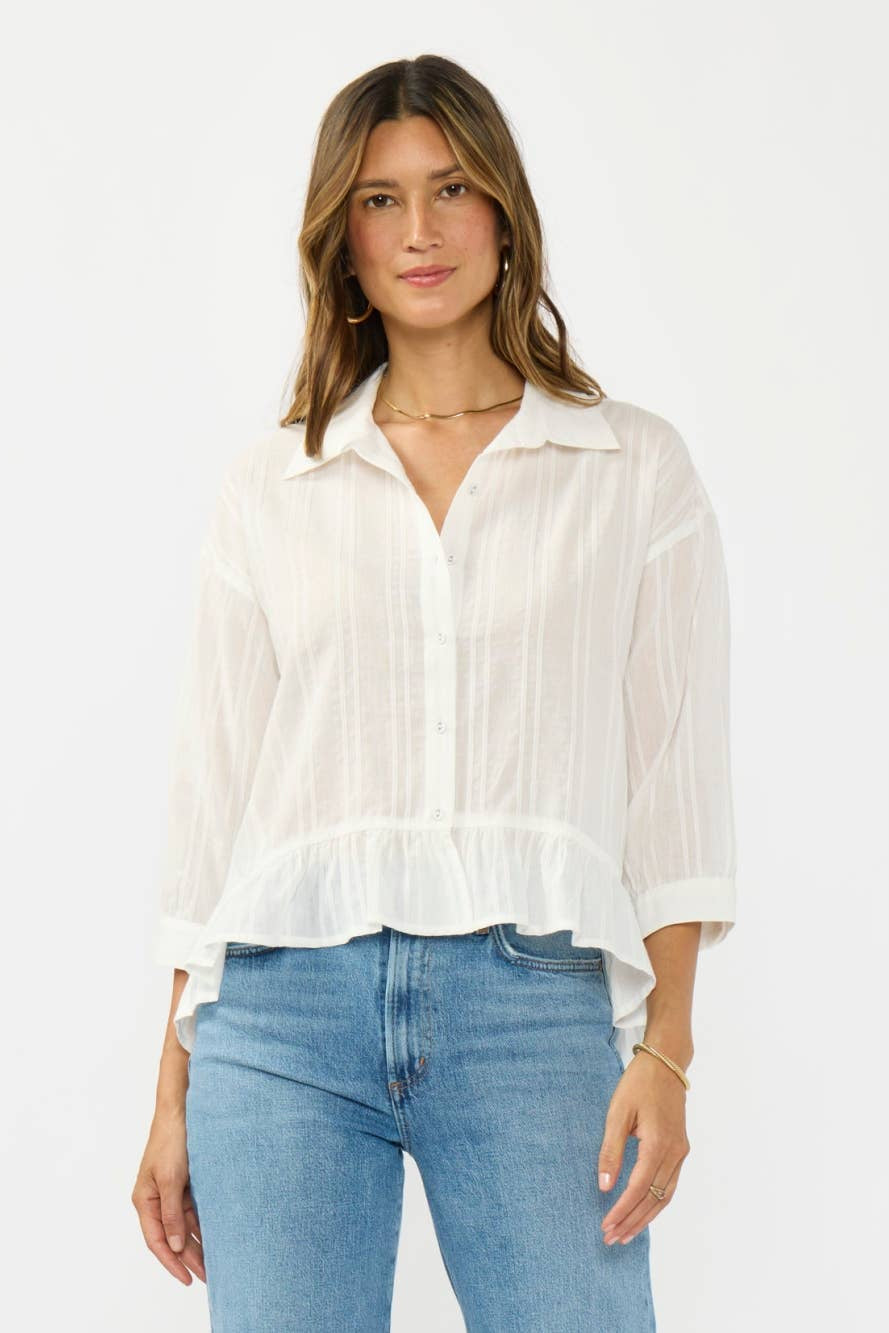 RUFFLE SLEEVE BUTTON DOWN TOP W/ EMBROIDERY
