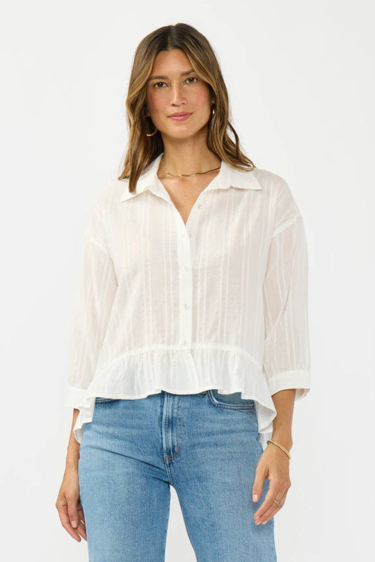 White button-down top with ruffled peplum hem, semi-sheer striped fabric