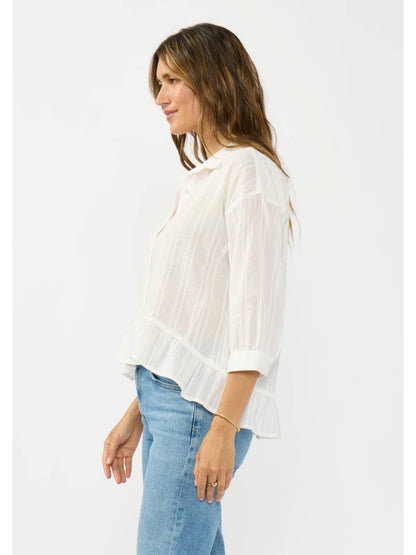RUFFLE SLEEVE BUTTON DOWN TOP W/ EMBROIDERY