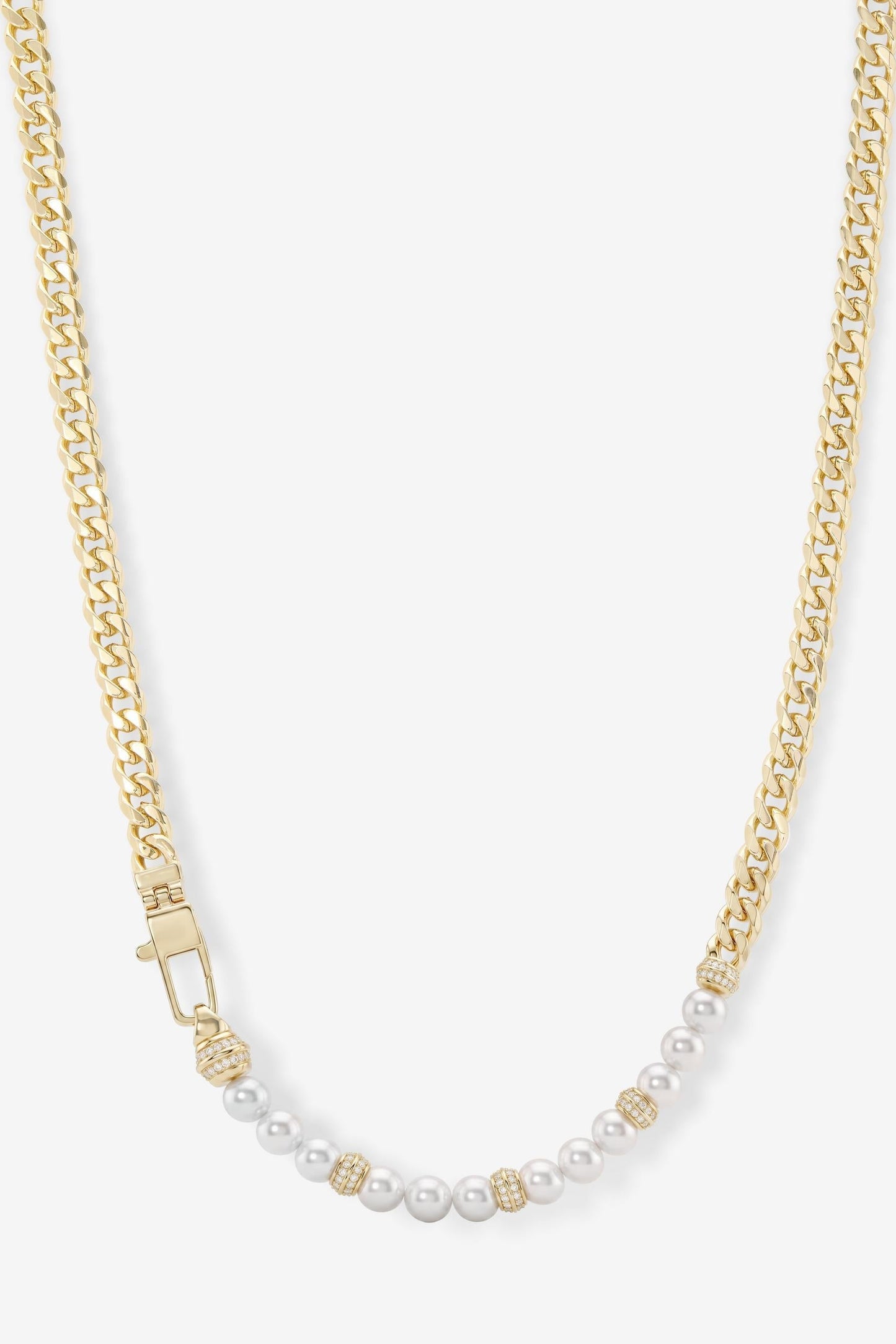 A gold chain necklace featuring a curved section of white pearls separated by small gold spacer beads, displayed on a light gray background.