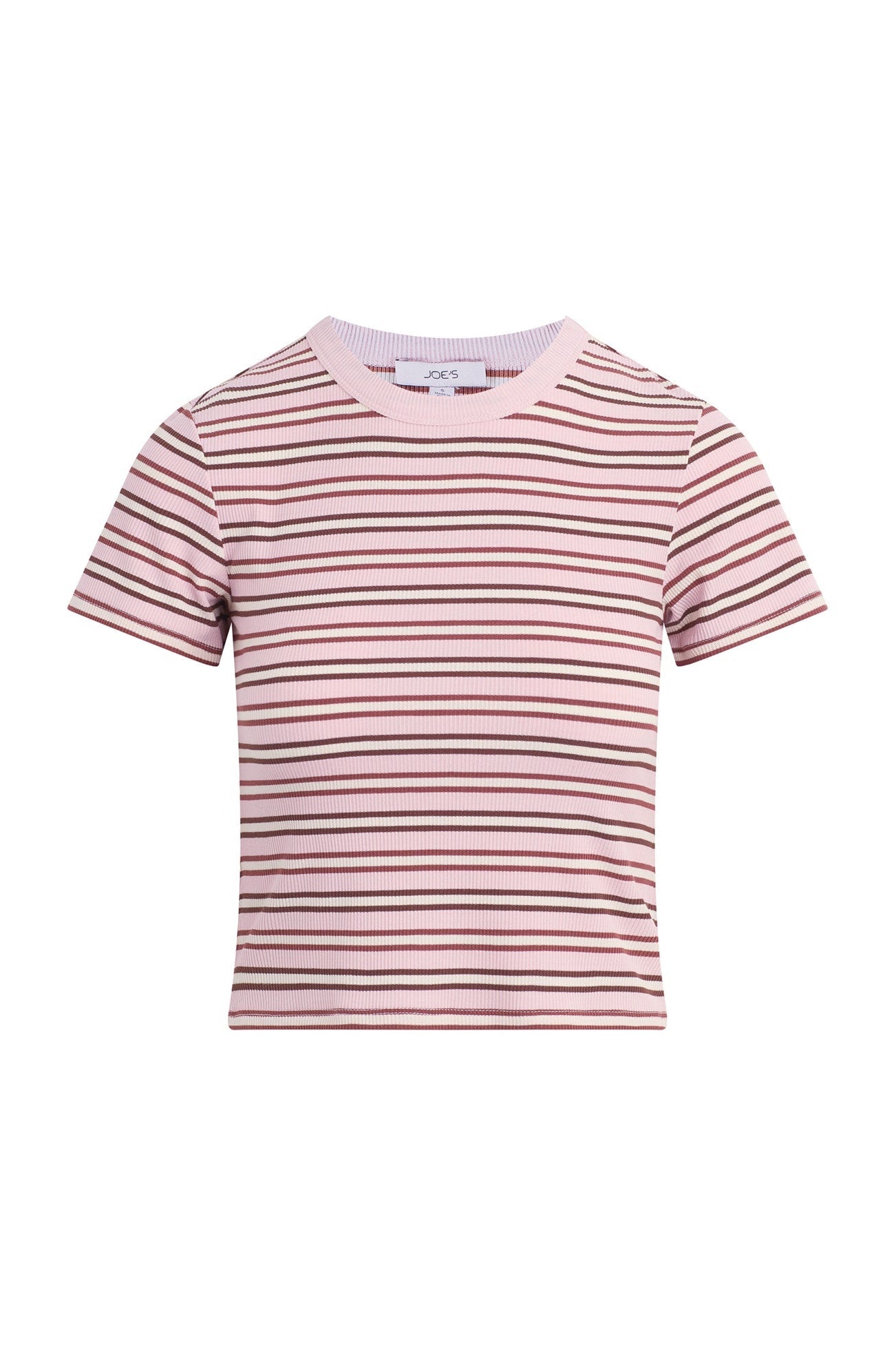 A short-sleeve crewneck t-shirt with horizontal blush/ecru stripes, displayed on a clean white background.