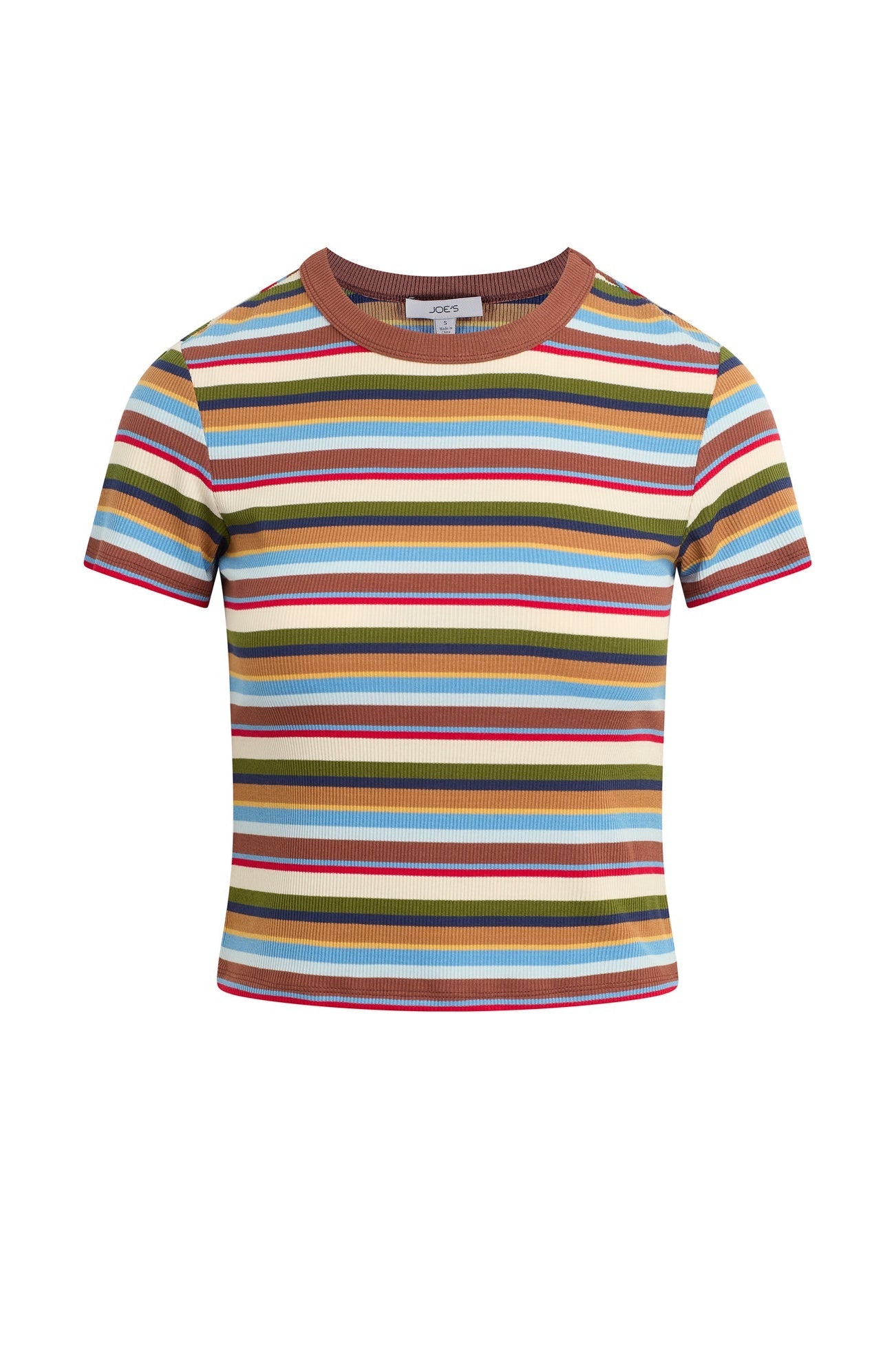 A short-sleeve crewneck t-shirt with horizontal stripes in multi variegated color displayed on a clean white background.